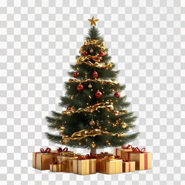 3D render of a New Year tree, white background, with gift boxes,