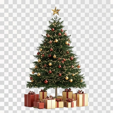 3D render of a New Year tree, white background, with gift boxes,