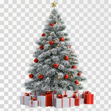 3D render of a New Year tree, white background, with gift boxes,