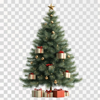 3D render of a New Year tree, white background, with gift boxes,