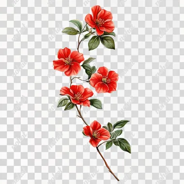 realistic Japanese flowers on a vine stem on a pure white isolated background