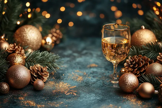 a glass of wine next to christmas decorations
