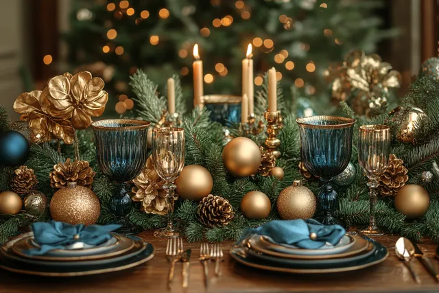 a christmas table setting with gold and blue decorations