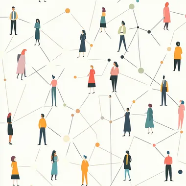 graphic design of a community of people connecting with each other, muted warm pastels, white background