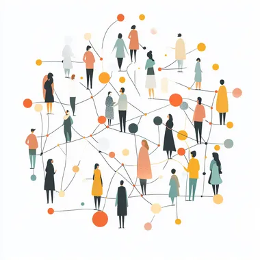 graphic design of a community of people connecting with each other, muted warm pastels, white background