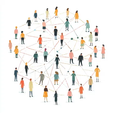 graphic design of a community of people connecting with each other, muted warm pastels, white background