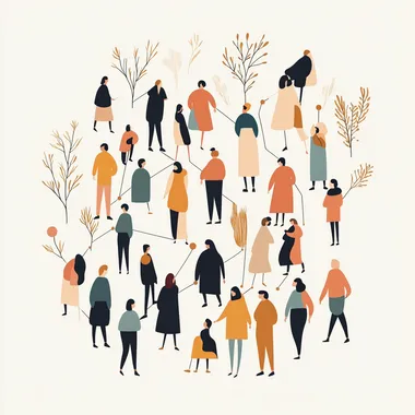 graphic design of a community of people connecting with each other, muted warm pastels, white background