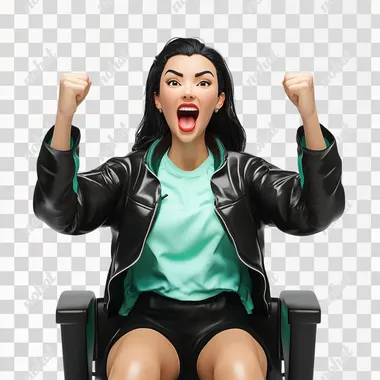 A mexican elegant pretty woman of 30 years with black relaxed hair with wearing a mint color soccer jersey and a light weight black jacket is sitting on a black elegant stadium chair cheering exited, in the front view, against a white background. The image is photo-realistic and hyper-detailed and frontal view. - ar 16: