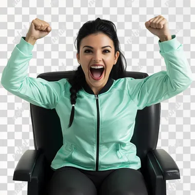 A mexican elegant pretty woman of 30 years with black relaxed hair with wearing a mint color soccer jersey and a light weight black jacket is sitting on a black elegant stadium chair cheering exited, in the front view, against a white background. The image is photo-realistic and hyper-detailed and frontal view. - ar 16: