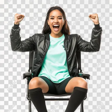 A mexican elegant pretty woman of 30 years with black relaxed hair with wearing a mint color soccer jersey and a light weight black jacket is sitting on a black elegant stadium chair cheering exited, in the front view, against a white background. The image is photo-realistic and hyper-detailed and frontal view. - ar 16: