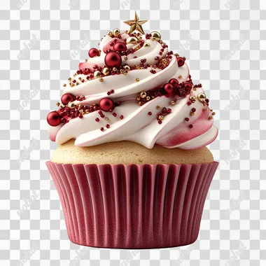 3D realistic decorative Christmas cupcake with detailed red and gold Christmas decorations, isolated on a white background. Detailed, high-resolution stock photo photography, hyperrealism