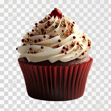3D realistic decorative Christmas cupcake with detailed red and gold Christmas decorations, isolated on a white background. Detailed, high-resolution stock photo photography, hyperrealism