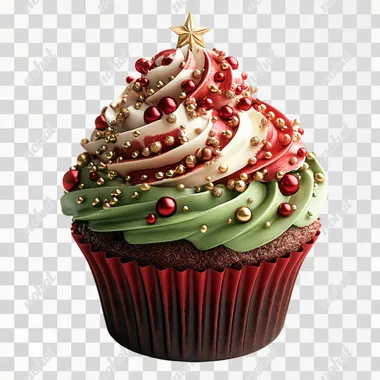 3D realistic decorative Christmas cupcake with detailed red and gold Christmas decorations, isolated on a white background. Detailed, high-resolution stock photo photography, hyperrealism
