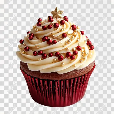 3D realistic decorative Christmas cupcake with detailed red and gold Christmas decorations, isolated on a white background. Detailed, high-resolution stock photo photography, hyperrealism