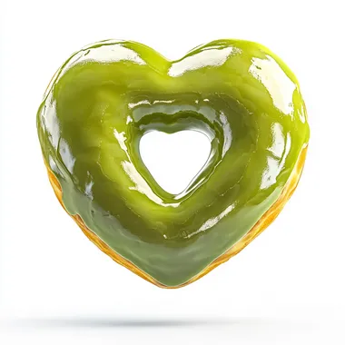 A vivid chartreuse green heart-shaped donut captured mid-air, floating in a high-resolution, ultra-detailed photo. The glaze is glossy and smooth, with reflective highlights enhancing its bright, bold hue. The background is clean, white, and free from distractions, with no shadows or props, side view shot