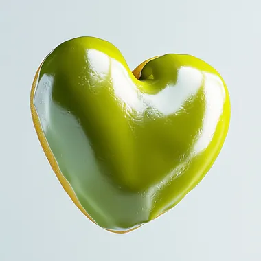A vivid chartreuse green heart-shaped donut captured mid-air, floating in a high-resolution, ultra-detailed photo. The glaze is glossy and smooth, with reflective highlights enhancing its bright, bold hue. The background is clean, white, and free from distractions, with no shadows or props, side view shot