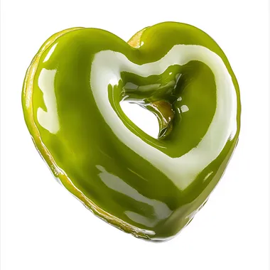 A vivid chartreuse green heart-shaped donut captured mid-air, floating in a high-resolution, ultra-detailed photo. The glaze is glossy and smooth, with reflective highlights enhancing its bright, bold hue. The background is clean, white, and free from distractions, with no shadows or props, side view shot