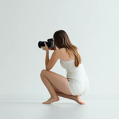 a woman taking photo with a camera, movie shot, back side view full body, shot by erwin olaf, pure white background
