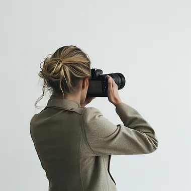 a woman taking photo with a camera, movie shot, back side view full body, shot by erwin olaf, pure white background