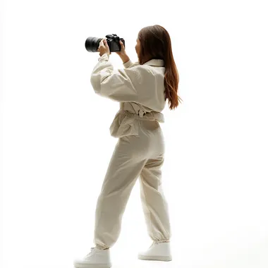 a woman taking photo with a camera, movie shot, back side view full body, shot by erwin olaf, pure white background