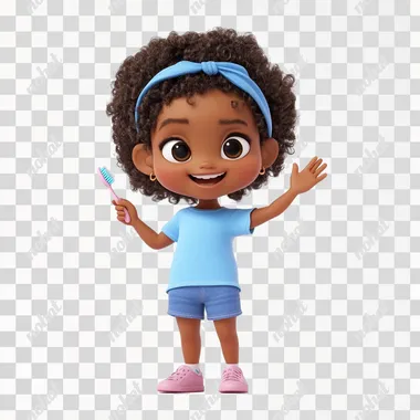 a cute cartoon character of a african black little girl, 5 years old, wear t.shirt, blue shorts,short curly hair with bands ,wearing a blue t-shirt , pink shoes,side , lateral view, holding a toothbrush in hand one hand raised up waving position , big joyfully smile face expressions, a bit mouth open,white background, in 3d disney style, cute pixar style,      --cw 100