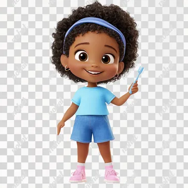 a cute cartoon character of a african black little girl, 5 years old, wear t.shirt, blue shorts,short curly hair with bands ,wearing a blue t-shirt , pink shoes,side , lateral view, holding a toothbrush in hand one hand raised up waving position , big joyfully smile face expressions, a bit mouth open,white background, in 3d disney style, cute pixar style,      --cw 100