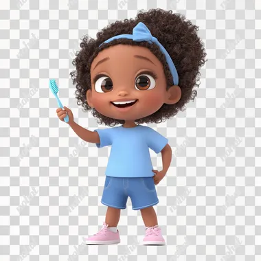 a cute cartoon character of a african black little girl, 5 years old, wear t.shirt, blue shorts,short curly hair with bands ,wearing a blue t-shirt , pink shoes,side , lateral view, holding a toothbrush in hand one hand raised up waving position , big joyfully smile face expressions, a bit mouth open,white background, in 3d disney style, cute pixar style,      --cw 100