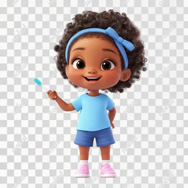 a cute cartoon character of a african black little girl, 5 years old, wear t.shirt, blue shorts,short curly hair with bands ,wearing a blue t-shirt , pink shoes,side , lateral view, holding a toothbrush in hand one hand raised up waving position , big joyfully smile face expressions, a bit mouth open,white background, in 3d disney style, cute pixar style,      --cw 100