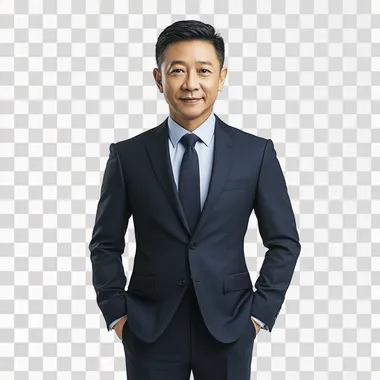 A middle-aged Vietnamese businessman wearing a sharp, tailored suit, standing confidently with a neutral expression. Clean, well-groomed appearance with short, neatly styled black hair. The background is completely white, with even lighting for a clear, professional studio portrait look. The focus is on the businessman's face and upper body, conveying professionalism, intelligence, and approachability."