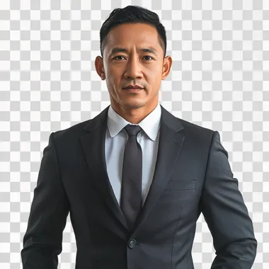 A middle-aged Vietnamese businessman wearing a sharp, tailored suit, standing confidently with a neutral expression. Clean, well-groomed appearance with short, neatly styled black hair. The background is completely white, with even lighting for a clear, professional studio portrait look. The focus is on the businessman's face and upper body, conveying professionalism, intelligence, and approachability."