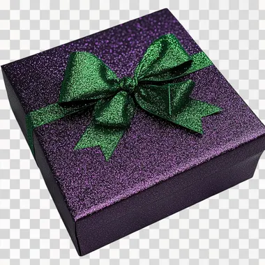A festive box in dark purple with glitter, featuring a smooth green bow in a raver style. The edge of the box is facing the camera, which is positioned slightly above the box. The box is large, suitable for big gifts