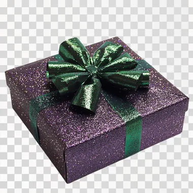A festive box in dark purple with glitter, featuring a smooth green bow in a raver style. The edge of the box is facing the camera, which is positioned slightly above the box. The box is large, suitable for big gifts