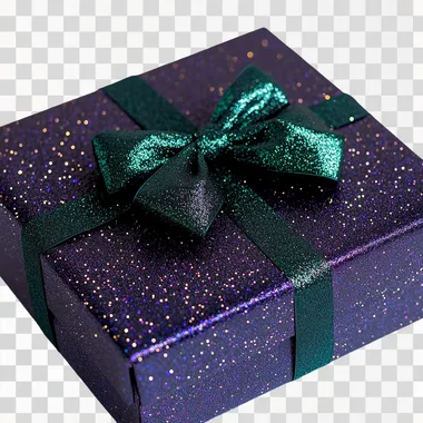 A festive box in dark purple with glitter, featuring a smooth green bow in a raver style. The edge of the box is facing the camera, which is positioned slightly above the box. The box is large, suitable for big gifts
