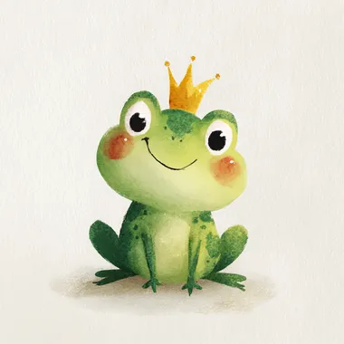 a cute smiling a cute a chubby green frog with light spots, sitting upright with a golden crown on his head. His cheeks are rosy and his wide eyes give him a friendly expression. The chibi cartoon proportions are child-safe and heartwarming. No outlines, just soft watercolor gradients and visible brush textures, childrens book illustration style, in the same style as Little Pirates The chibi cartoon proportions are child-safe and heartwarming. No outlines, just soft watercolor gradients and visible brush textures, childrens book illustration style, in the same style as Little Pirates
