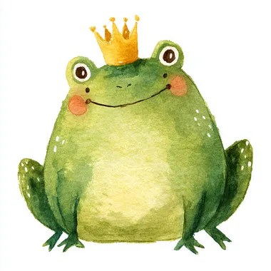 a cute smiling a cute a chubby green frog with light spots, sitting upright with a golden crown on his head. His cheeks are rosy and his wide eyes give him a friendly expression. The chibi cartoon proportions are child-safe and heartwarming. No outlines, just soft watercolor gradients and visible brush textures, childrens book illustration style, in the same style as Little Pirates The chibi cartoon proportions are child-safe and heartwarming. No outlines, just soft watercolor gradients and visible brush textures, childrens book illustration style, in the same style as Little Pirates