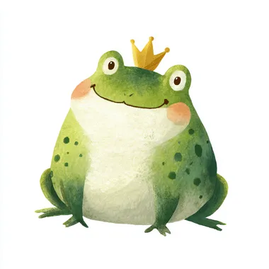 a cute smiling a cute a chubby green frog with light spots, sitting upright with a golden crown on his head. His cheeks are rosy and his wide eyes give him a friendly expression. The chibi cartoon proportions are child-safe and heartwarming. No outlines, just soft watercolor gradients and visible brush textures, childrens book illustration style, in the same style as Little Pirates The chibi cartoon proportions are child-safe and heartwarming. No outlines, just soft watercolor gradients and visible brush textures, childrens book illustration style, in the same style as Little Pirates