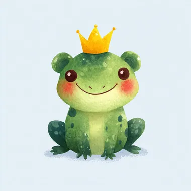 a cute smiling a cute a chubby green frog with light spots, sitting upright with a golden crown on his head. His cheeks are rosy and his wide eyes give him a friendly expression. The chibi cartoon proportions are child-safe and heartwarming. No outlines, just soft watercolor gradients and visible brush textures, childrens book illustration style, in the same style as Little Pirates The chibi cartoon proportions are child-safe and heartwarming. No outlines, just soft watercolor gradients and visible brush textures, childrens book illustration style, in the same style as Little Pirates