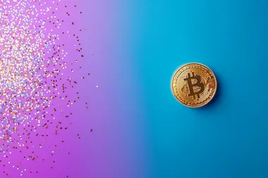 golden bitcoin on blue and purple background,