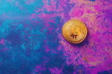 golden bitcoin on blue and purple background,