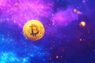 golden bitcoin on blue and purple background,