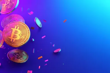 golden bitcoin on blue and purple background,