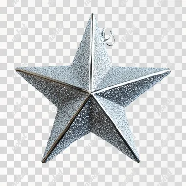 Silver glittery star ornament with a 3D effect, isolated on a white background