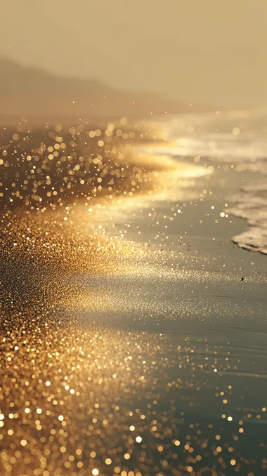 A dreamlike landscape of golden sea water and golden sand beach. Ultra-fine textures, surreal fantasy scenes, film-like compositions, magical lighting, glittering reflections everywhere, 4K ultra-wide viewing angle, breathtaking scale  rofile qzxoibl