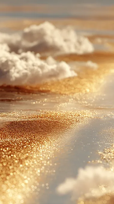 A dreamlike landscape of golden sea water and golden sand beach. Ultra-fine textures, surreal fantasy scenes, film-like compositions, magical lighting, glittering reflections everywhere, 4K ultra-wide viewing angle, breathtaking scale  rofile qzxoibl