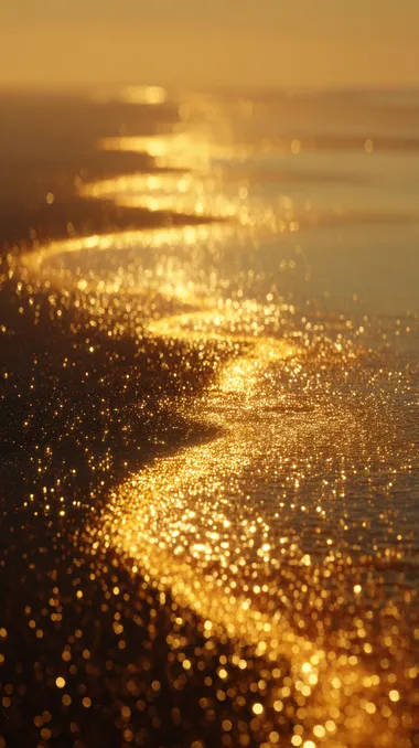 A dreamlike landscape of golden sea water and golden sand beach. Ultra-fine textures, surreal fantasy scenes, film-like compositions, magical lighting, glittering reflections everywhere, 4K ultra-wide viewing angle, breathtaking scale  rofile qzxoibl