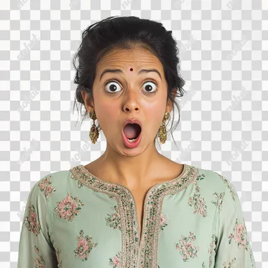 an beautiful Indian woman in a casual kurta, being shocked out of happiness after hearing an offer, exaggerated expression, and a white background, funny expression