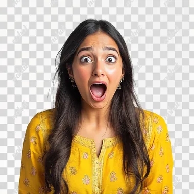 an beautiful Indian woman in a casual kurta, being shocked out of happiness after hearing an offer, exaggerated expression, and a white background, funny expression