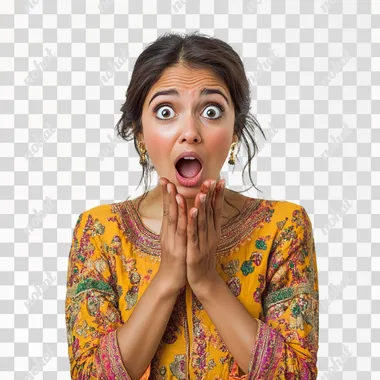 an beautiful Indian woman in a casual kurta, being shocked out of happiness after hearing an offer, exaggerated expression, and a white background, funny expression