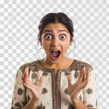 an beautiful Indian woman in a casual kurta, being shocked out of happiness after hearing an offer, exaggerated expression, and a white background, funny expression