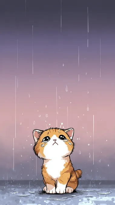 Cute cartoon kitten, crying with tears on its face, on a rain background. Korean webtoon illustration